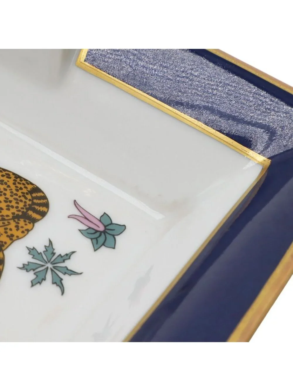 Hermes Ashtray Tray Case Panthere Leopard Print Animal Ceramic White Navy Gold